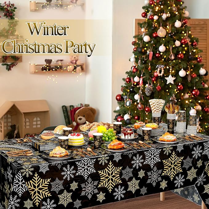 452 Pcs Christmas Snowflake Party Supplies Black Gold and Sliver Snowflake Paper Plates and Napkins Cups Tablecloth Cutlery Straws for 50 Guests Winter Xmas Birthday Party Decoration