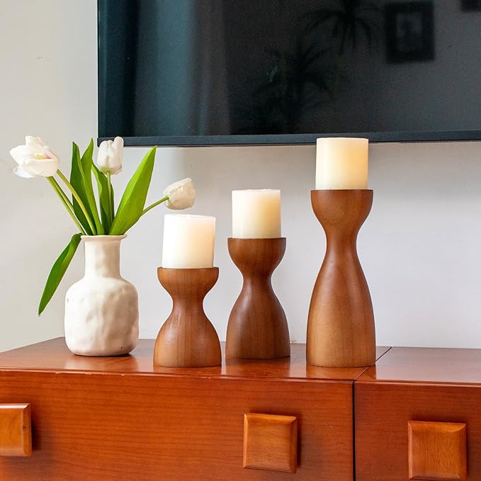 Set of 3 Farmhouse Wooden Candle Holders for Pillar Candles, Brown Rustic Wood Pillar Candle Stands Table Centerpiece Decor for Fireplace, Living, and Dining Room