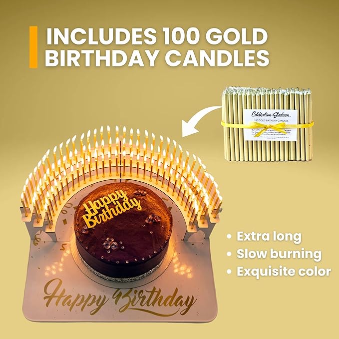 White Candle Holder Centerpiece for Milestone Birthdays – Perfect for 40th, 50th, 60th, 70th, 80th, 90th, and 100th – Includes 100 Gold Birthday Candles – Elegant Cake Decorations