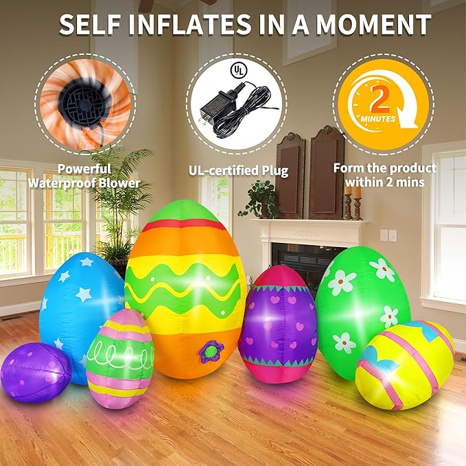7FT Easter Inflatables Outdoor Decorations Giant Easter Eggs, Bright LED Lights Colorful Easter Blow Up Decor for Yard Indoor Outside Party Home Lawn Garden Porch Holiday