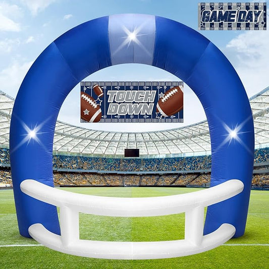 8FT Blue and White Football Helmet Inflatable Arch with Game Day Banner, Giant Outdoor Blow Up Football Helmet with Built-in 3 LED Lights for Football Themed Birthday Party Lawn Yard Decoration