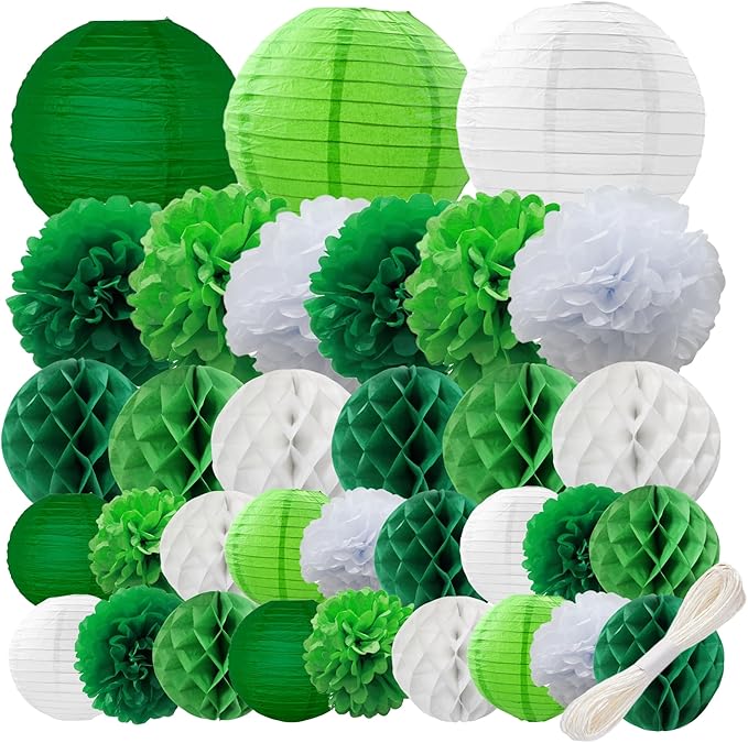 WOLHOWLTD 33 Pcs Green White Paper Lanterns, Pompoms, Honeycomb Decorations for St. Patrick's,Safari,Jungle,Dinosaur Theme Birthday Home Party Decoration(Green White)