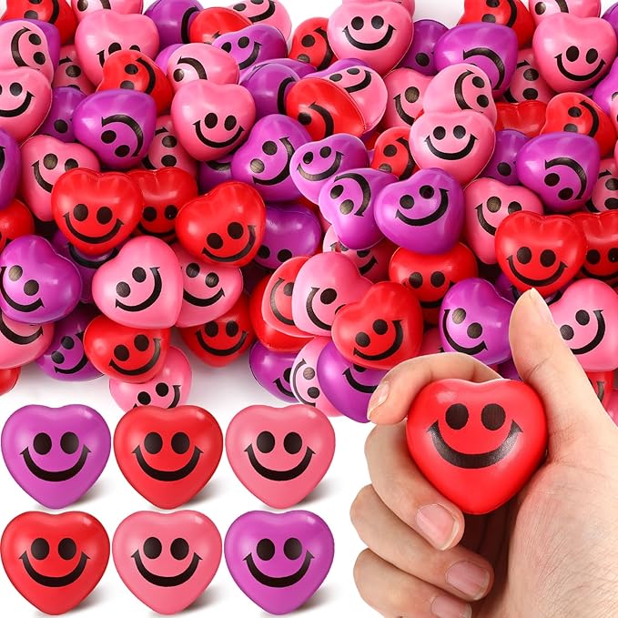 300 Pieces Valentine Day Heart Stress Balls 1.5 Inch Mini Stress Relief Balls Small Heart Shape Ball Kids Adults Wedding School Carnival Gift(Smile Face)