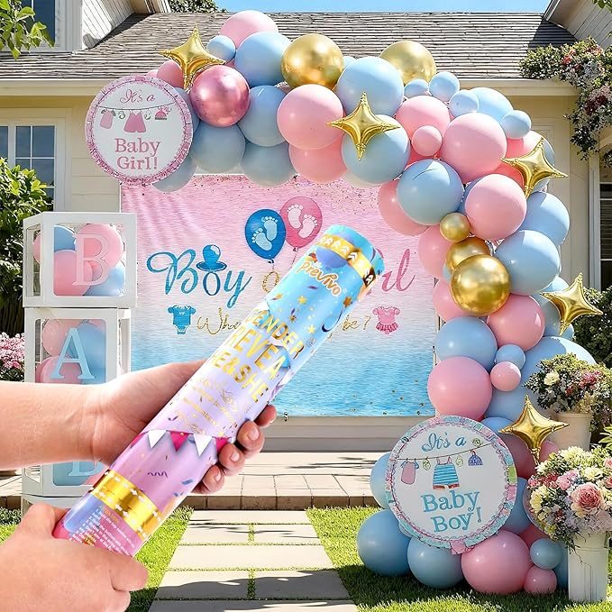 Gender Reveal Kit All-in-One Party Set , Disposable Plates, Napkins, Balloon Arch & Baby Letters Decor - for Boy or Girl Baby Shower Celebration