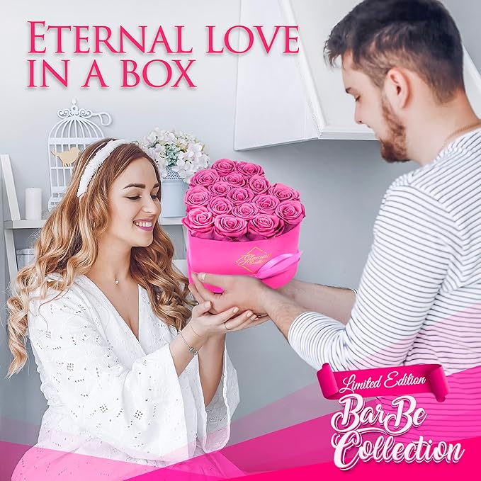 GLAMOUR BOUTIQUE 16 Flower Forever Heart Shape Box, Eternal Preserved Roses Gift for Her, Lasting Flowers, Romantic Floral Keepsake for Birthday Anniversary Valentine’s Day Velvet Pink (Color-Treated)