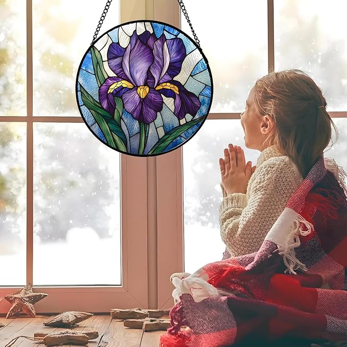 Stained Glass Window Hanging - Iris Birth Flower Suncatcher for Doors Garden Yard Purple Blue Sun Catchers Decor Christmas Mother's Day Birthday Gifts for Teacher Women Mom Nana 11.8 in