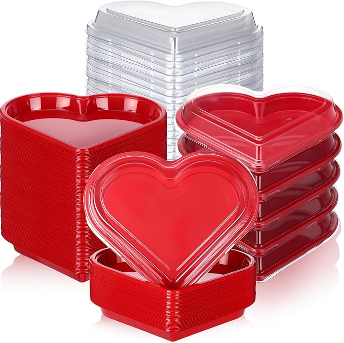Macarrie 50 Pcs Valentine's Heart Shaped Serving Tray Platter 20 oz Heart Plates with Clear Lids Dessert Plates Snack Tray for Valentine Birthday Party Table Decoration (Red)