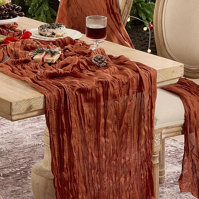 12 Pack Terracotta Thanksgiving Table Runner Cheese Cloth Boho Rustic Gauze 120 Inch 10 FT Burnt Orange Sheer Cheesecloth Table Runners for Wedding Birthday Baby Shower Holiday Party Fall Decor