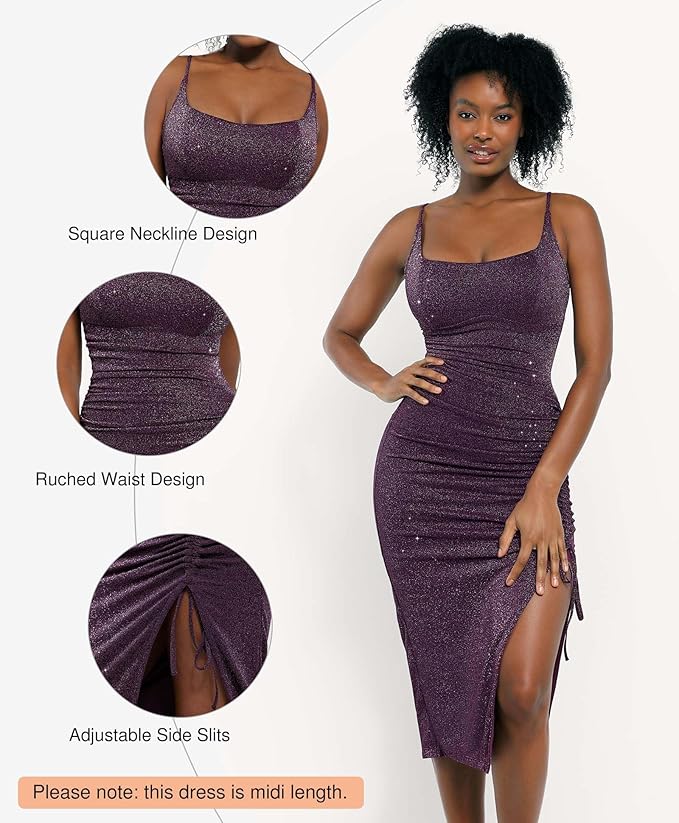 Popilush Shapewear Midi Dress Women's Sparkly Formal Wedding Guest Cocktail Dresses Fall Square Neck Ruched Dress Side Slit