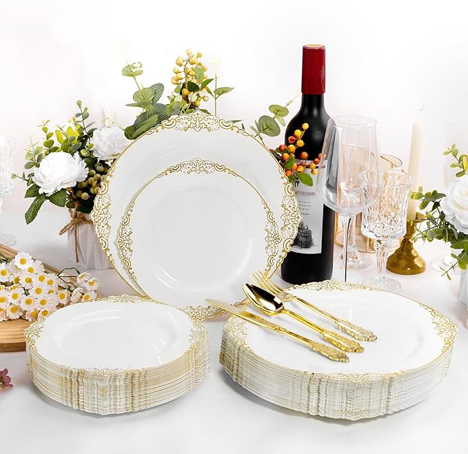 100 PCS White and Gold Plastic Plates for 50 Guests, Gold Disposable Plates Include 50 PCS Dinner Plates, 50 PCS Dessert Plates for Party, Wedding and Graduation