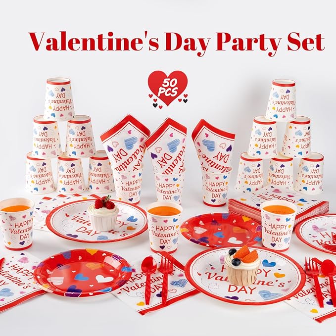 350PCS Valentine's Day Party Supplies for 50 Guests-Valentine's Day Party Decorations Include Disposable Paper Plates, Napkins, Cups, Tableware