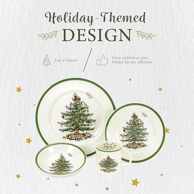 Spode Christmas Tree 4-Piece Dinnerware Setting - Fine Earthenware Holiday Tableware - Dishwasher & Microwave Safe, Festive Christmas Plates, Bowls, Mug - Holiday Dining Essentials