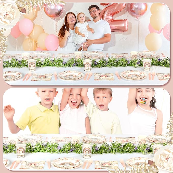 Dandat 350 Pcs Baby Shower Party Supplies Serves 50 Tableware Sets Include Plates Napkin Cup Forks Knives Spoons Disposable Dinnerware (Boho Style,Pink)