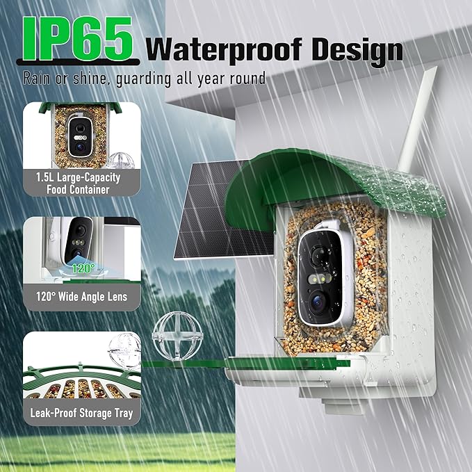 Bird Feeder with Camera 3W Solar Powered Panel Valentines Day Gifts: Smart Bird Feeder for Outdoors with AI Birds Identify Auto Capture, 2K Live Video, Ideal Gift for Parents Men Women(Green)