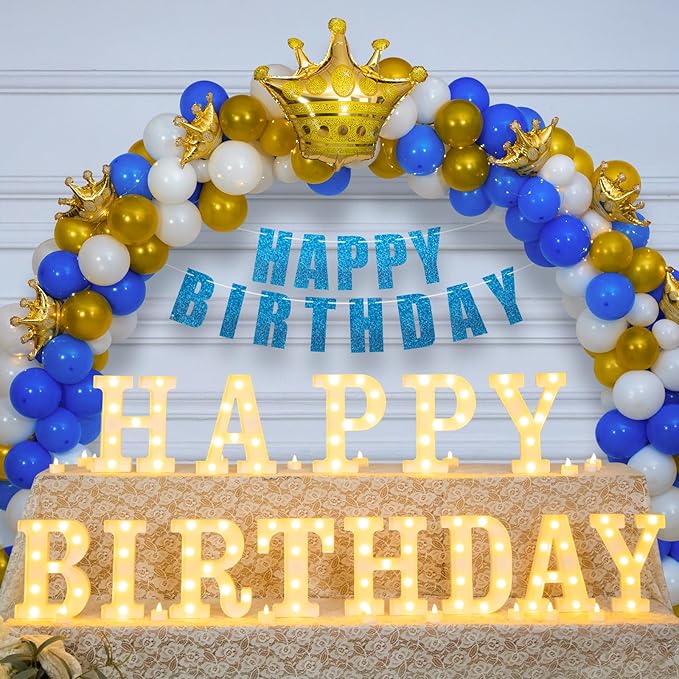 173pcs Happy Birthday LED Marquee Light Up Letters Sign Birthday Decorations with Crown Gold Foil Balloons and Banner for Anniversary Party Night Lamp Banquet Props