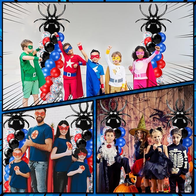 Kasyat 2 Sets Spider Party Balloon Column Stand Kit with 2 Spider and 100 Red Blue Black Latex Balloons, Adjustable Arch Stands for Birthday Baby Shower Hero Theme Party Decorations