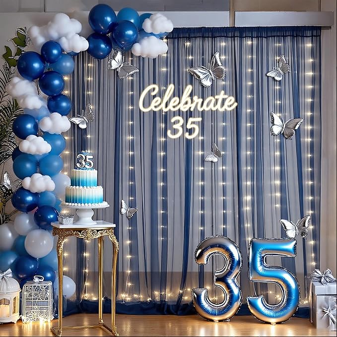 20x10ft Navy Blue Tulle Backdrop Curtain with Lights String for Parites, Sheer Photo Backdrop Curtains with Lights for Wedding Backdrop Ceremony Reception Bridal Shower Baby Shower Birthday Party