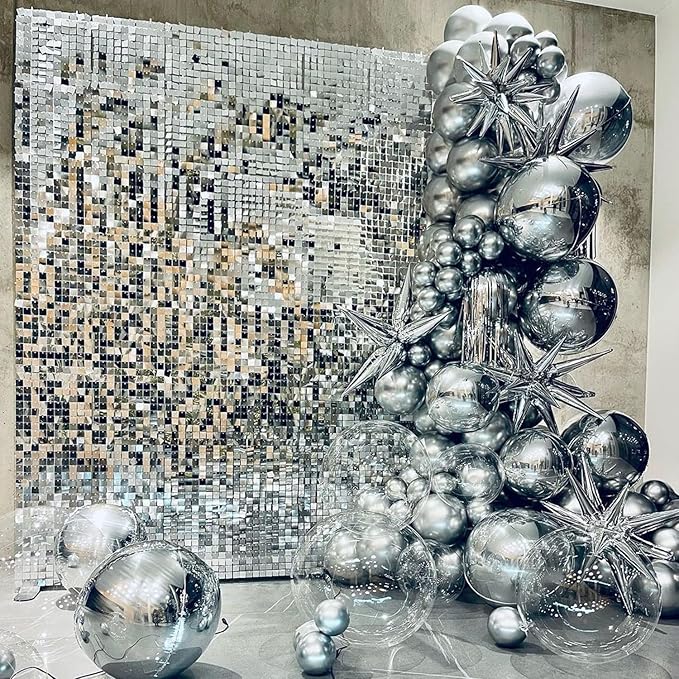 COKAOBE Silver Shimmer Wall Backdrop, 24PCS Square Sequin Shimmer Backdrop Panel, Photo Backdrops for Birthday, Anniversary, Wedding, Graduation & Bachelorette Party Decoration