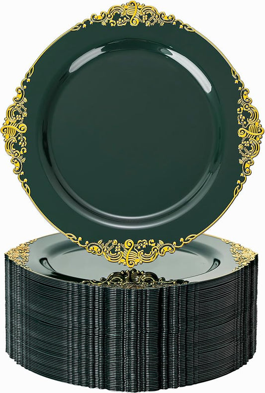 Nervure 100PCS Green and Gold Plastic Plates - 10.25inch Green Disposable Plates - Heavyweight Dinner Plate for Wedding & Party