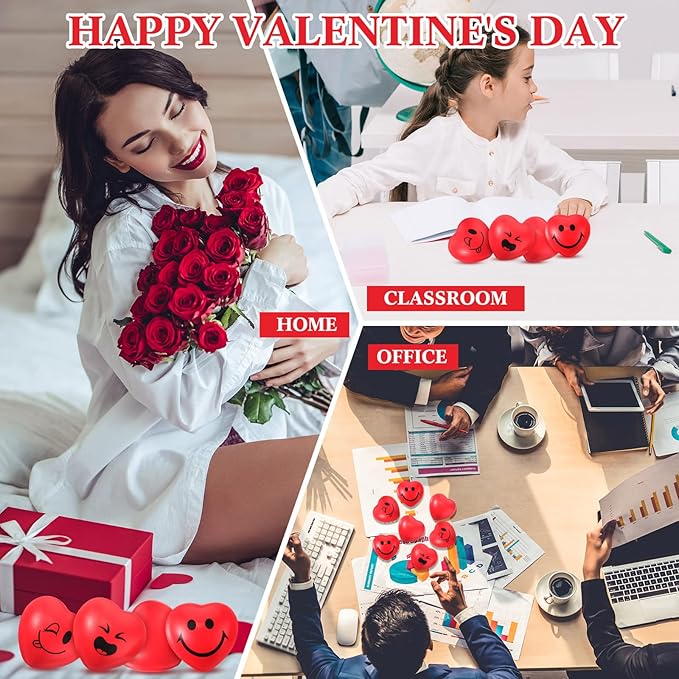 BBTO 150 Pcs Valentine's Day Stress Relief Balls 3 Styles Heart Smile Face Foam Balls Stress Relief Toys Party Favors for Teens Adults Student School Prizes Gift Bag Fillers(Red)