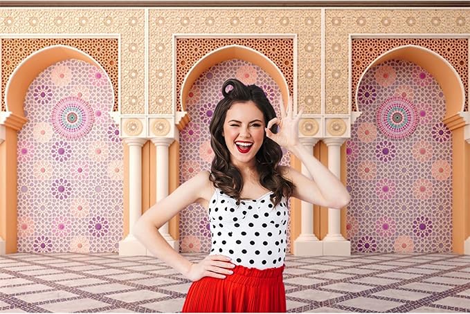 Baocicco 20x10ft Vinyl Moroccan Palace Backdrops for Photoshoot Orange Vintage Mandala Column and Arch Middle Eastern Style Photography Background Moroccan Birthday Wedding Party Decorations Photo