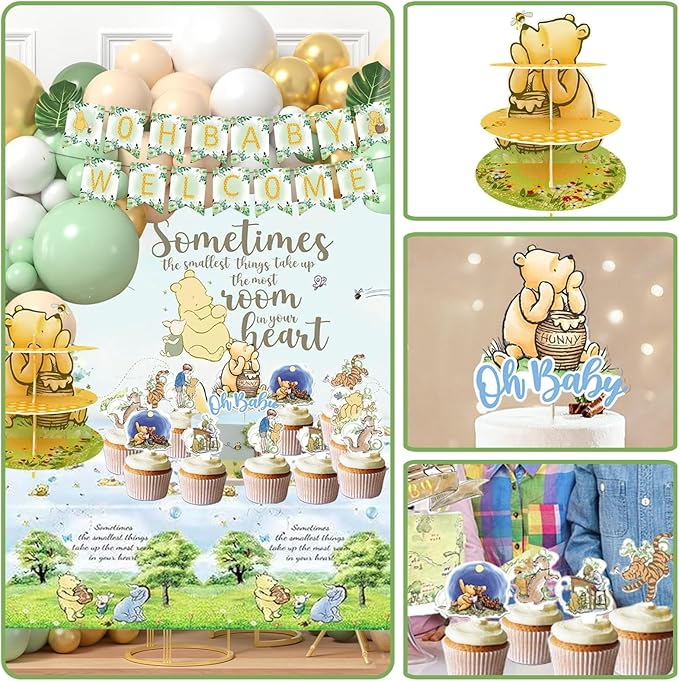 132pcs Classic Winnie Baby Shower Decorations Kit, All-in-1 Vintage Winnie Party Supplies Decorations, Classic The Pooh Backdrop Cake Topper, Winnie Baby Tablecloth Box Decorations for Baby Shower