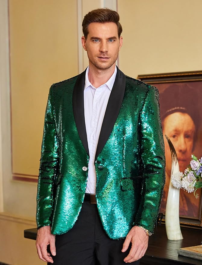 COOFANDY Mens Shiny Sequin Blazer Tuxedo Party Dinner Prom One Button Suit Jacket
