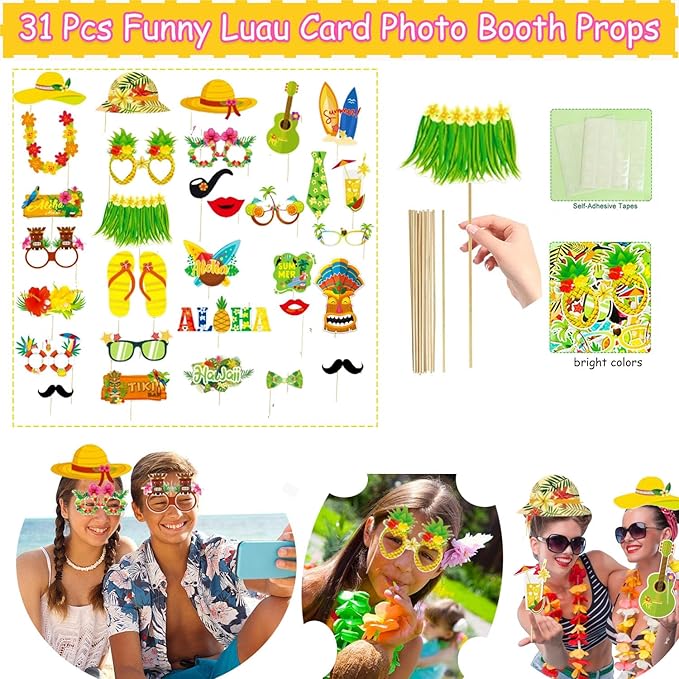 Large Summer Luau Photo Booth Props Set, Funny Hawaiian Sunglasses, Tropical Fancy Dress Props, Inflatable, Hawaiian Photo Booth Props for Summer Pool Beach Tiki Hawaii Themed Party Supplies