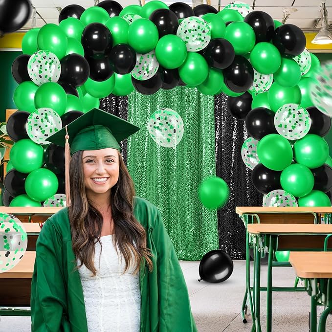137 Pcs Green Black Party Backdrop Kits- 4 Sequin Curtains Backdrop 133 Balloon Arch Kit, Glitter Photo Background for Birthday Christmas New Year Eve Graduation Anniversary Baby Shower