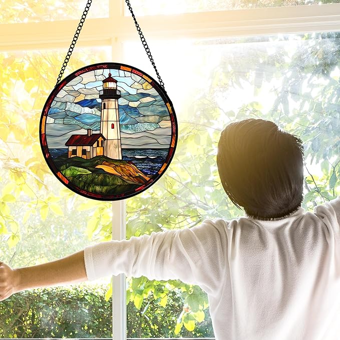 Stained Glass Window Hanging, Ocean Lighthouse Sun Catchers Glass Panel Blue Green Suncatcher Decor for Birthday for Women, Men, Wife, Aunt, and Mom 11.8 in