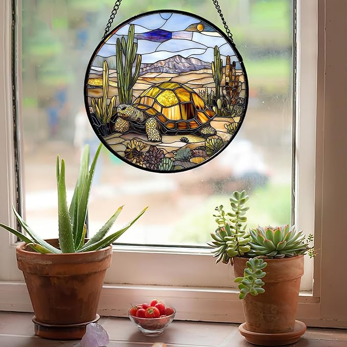 Stained Glass Window Hanging Golden Turtle Cactus Landscape Large 11.8" - Suncatcher Door Garden Sunroom Sun Catcher Home Decor Birthday Christmas for Mom Men Woman Nana