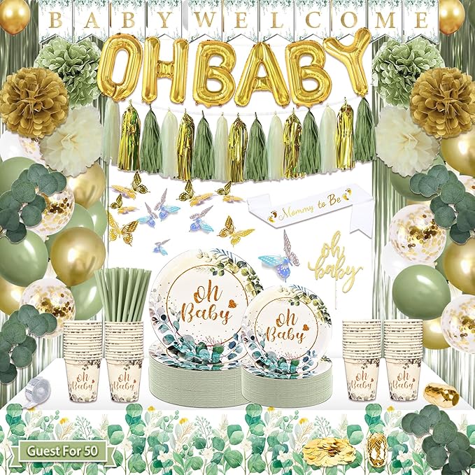 372 Pcs Sage Green Baby Shower Decorations, Neutral Baby Shower Decor Supplies- Disposable Dinnerware Set With Eucalyptus Leaf (50 Guest), "OH BABY" Banner, Balloon, Sash, Cake Topper