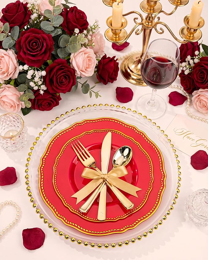 Hioasis 175pcs Red Gold Plastic Plates - Red Plastic Dinnerware Set Includes 25 Dinner Plates, 25 Dessert Dinnerware, 25 Cups, 25 Pre-rolled Napkins Perfect for Wedding & Party