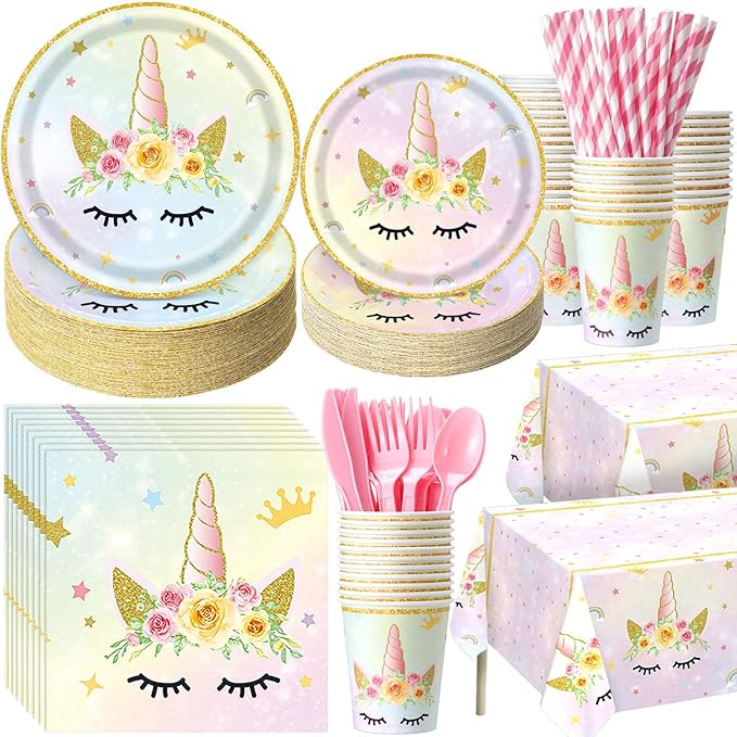 452 Pcs Unicorn Themed Birthday Party Decorations Include Unicorn Paper Plates Napkins Cups Tablecloth Cutlery Straws Rainbow Pastel Theme Party Supplies for Birthday Decorations