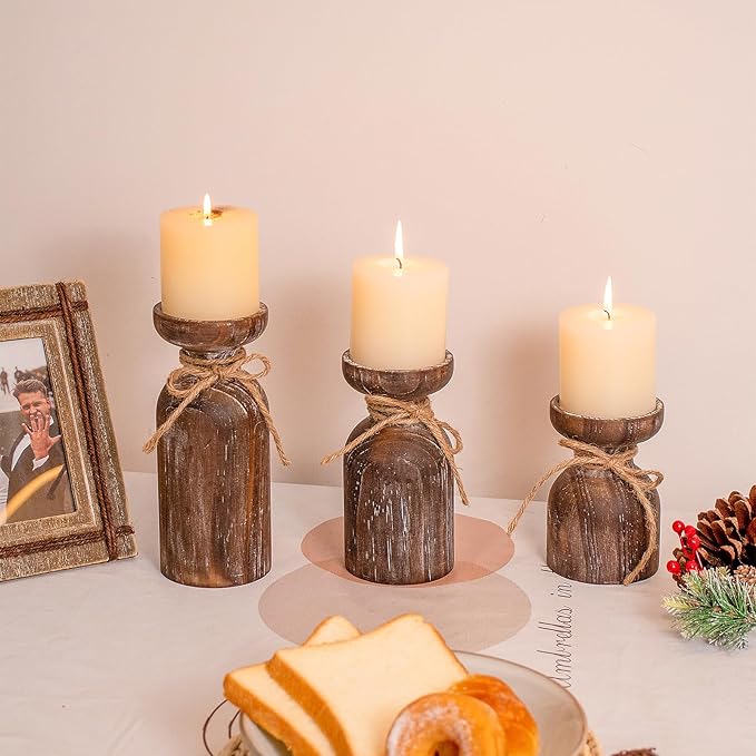 Farmhouse Wooden Candle Holders for Pillar Candles, Brown Distressed Set of 3 Rustic Wood Pillar Wood Candle Stands with Hemp Rope Bow Table Centerpiece Decor for Fireplace, Living, and Dining Room