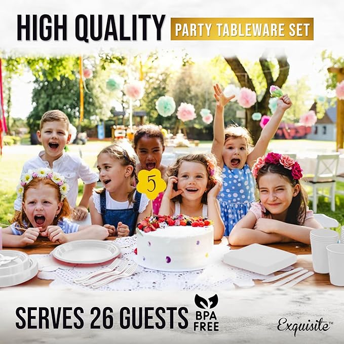 Party Solids 350 Pieces White Plastic Plates For Party, White Disposable Plates Set, 50 Of Each 9" Dinner Plate Set, 7" Dessert Plate, Cups, Napkins & Cutlery Plastic Dinnerware
