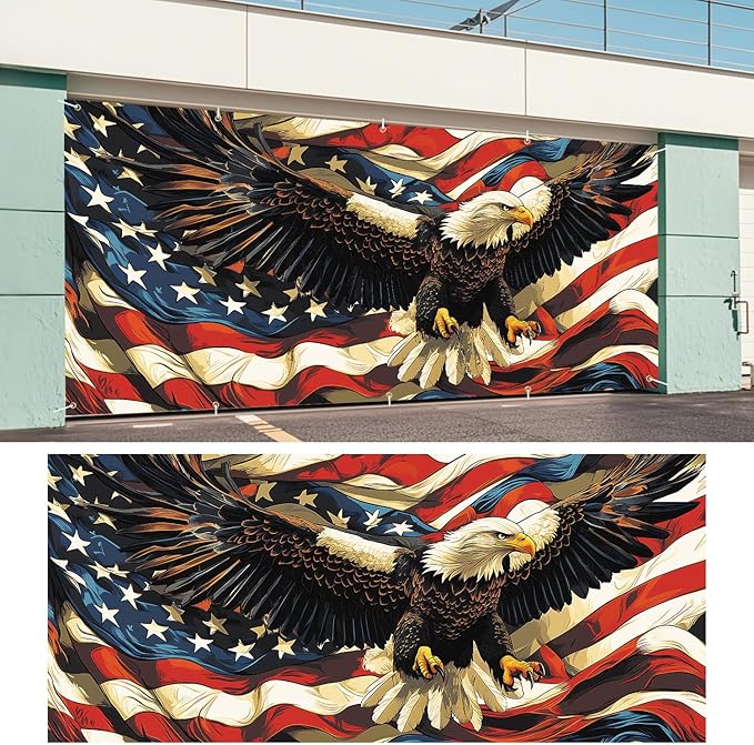 Eagle American Flag Garage Door Banner 7x16FT, Patriotic Bald Eagle & American Flag Design, Outdoor Decoration for Independence Day and National Holidays