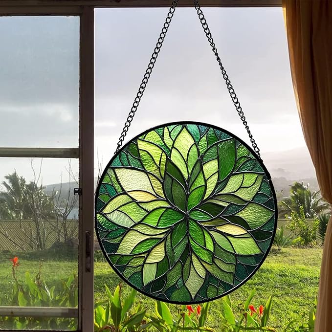 Stained Glass Window Hanging - Green Gradient Flowers Suncatcher for Doors Window Home Plant Sun Catchers Decor Christmas Mother's Day Birthday Gifts for Teacher Women Men Mom Nana 15 in