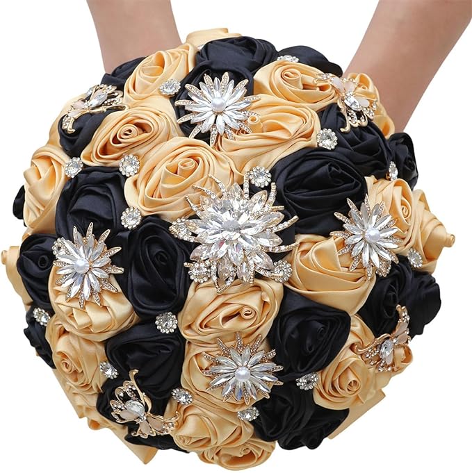 Khaki Black Small Bride Bouquet Wedding Handmade with Luxury Gold Rhinestone Brooch for Bride Bridesmaid Quinceanera Satin Rose Flower Bridal Wedding Bouquet Black and Khaki 6.3in