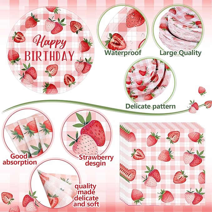 452 Pcs Strawberry Birthday Party Decorations for 50, Strawberry Paper Plates Napkins Cups Tablecloth Cutlery Straws for Berry First Birthday Themed Baby Shower Party Supplies