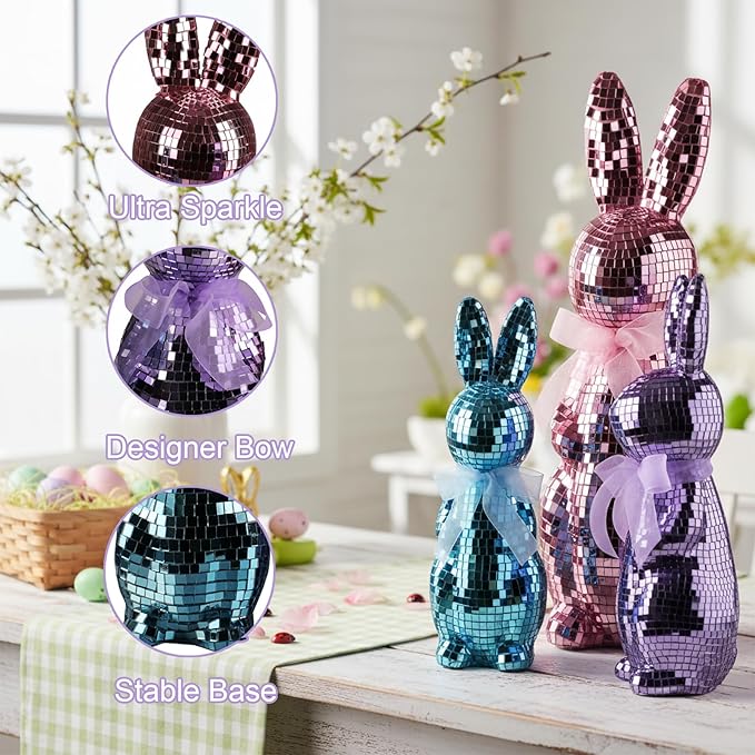 Lanpn 3PCS Mosaic Glass Bunny Easter Decorations, Decorative Disco Rabbit Sculptures for Easter Centerpieces, Spring Tabletop & Shelf Decor, Home Decoration Seasonal Gift (Pink, Purple, Blue)