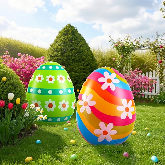 Liliful 2 Pcs 40inch Giant Easter Inflatables PVC Decorations Standing Blow up Colorful Easter Egg Rabbit Bunny Outdoor Decor for Holiday Party Yard Indoor Outdoor Garden Lawn(Daisy Stripe)