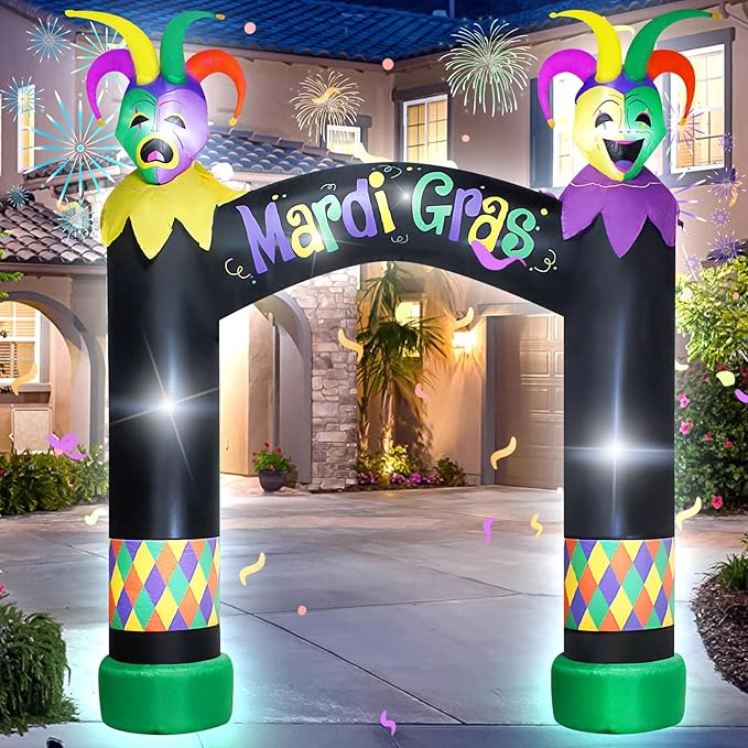 10FT Mardi Gras Inflatable Arch with LED Lights - Halloween Blow Up Outdoor Decoration, Jester Mask Archway for Party/Yard/Garden/Lawn, Built-in Sandbags & Easy Set up