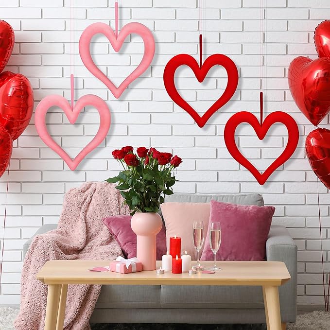 Aneco 6 Pieces Valentine‘s Day 3D Velvet Heart Hanging Ornament 9.45 Inch Foam Heart Wreaths for Valentine‘s Day Wedding Anniversary Front Door Home Decor, Red and Pink