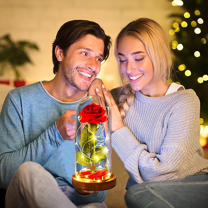 Valentines Day Gifts for Her Beauty and The Beast Rose,Red Rose in Glass Dome with 2 Lights Modes, Valentines Flower Gifts for Women Mom Wife Girlfriend on Valentines Anniversary,Birthday,Wedding