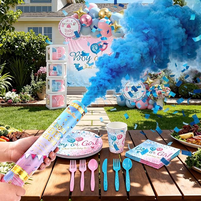 Gender Reveal Kit All-in-One Party Set , Disposable Plates, Napkins, Balloon Arch & Baby Letters Decor - for Boy or Girl Baby Shower Celebration
