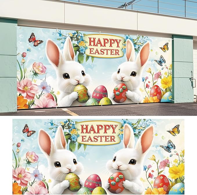 Happy Easter Garage Door Banner 7x16FT, Cute Bunny & Easter Eggs Garage Door Cover, Outdoor Spring Holiday Decoration for Garage, Front Yard, and Parties