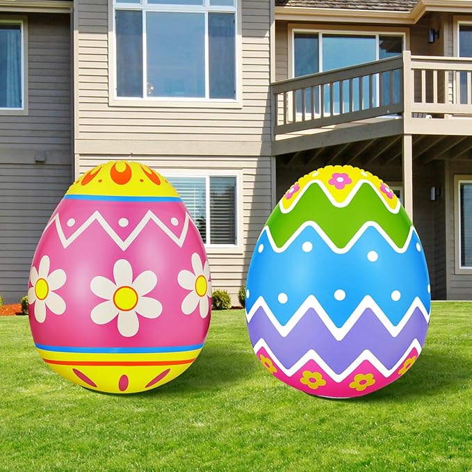 Liliful 2 Pcs 40inch Giant Easter Inflatables PVC Decorations Standing Blow up Colorful Easter Egg Rabbit Bunny Outdoor Decor for Holiday Party Yard Indoor Outdoor Garden Lawn(Wave Daisy)