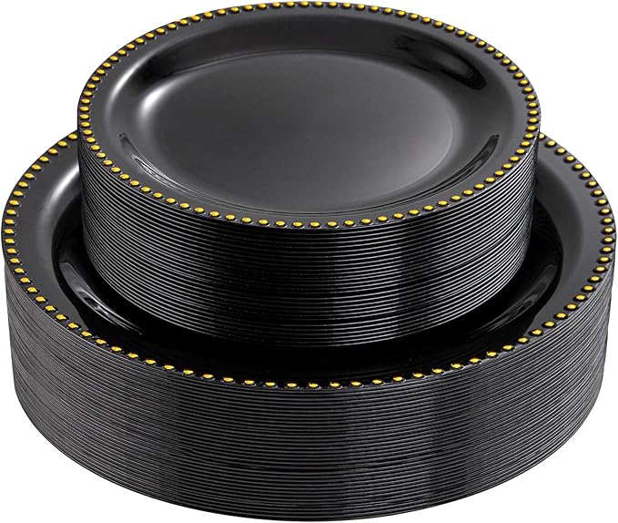Rubtlamp 60Pcs Black Gold Plastic Plates, Black Disposable Plates With Gold Beaded, Heavyduty Plastic Plates, Halloween Plates Include 30 Dessert Platos, 30 Dinner Platos for Party