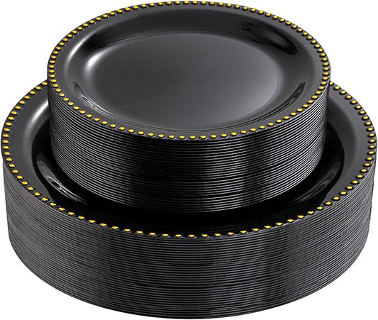 Rubtlamp 60Pcs Black Gold Plastic Plates, Black Disposable Plates With Gold Beaded, Heavyduty Plastic Plates, Halloween Plates Include 30 Dessert Platos, 30 Dinner Platos for Party